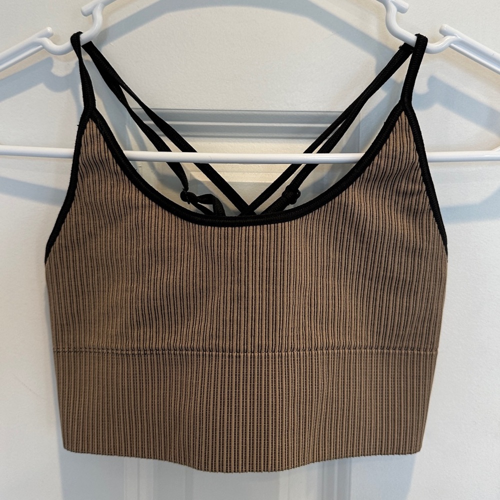 Brown Ribbed Crop Top with Black Straps